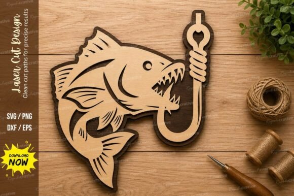 Aggressive Fishing Bass Hook Laser Cut Design