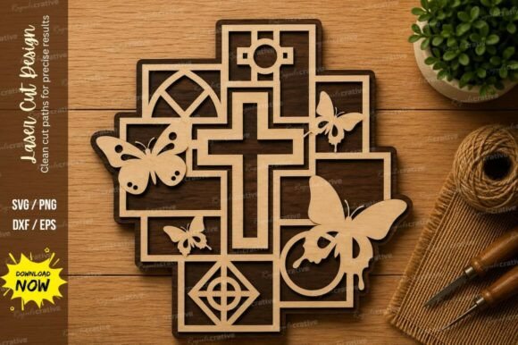 Elegant Butterfly Cross Frame Laser Cut SVG Design
