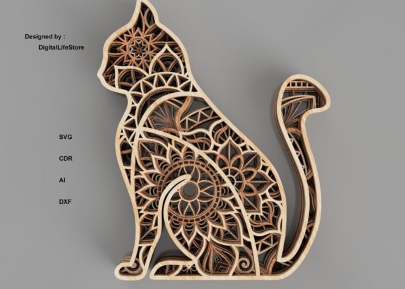 Multilayered Mandala Cat: Intricate 5-Layer Design Files